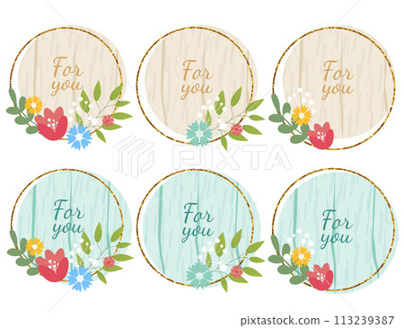 Wooden design elements set with flowers and text For You. Vector wood board, frame, badge, label, shield, signboard collection. Brown and blue background with text. Vector illustration. Wooden design elements set with flowers and text For You. Vector wood board, frame, badge, label, shield, signboard collection. Brown and blue background with text. Vector illustration. 113239387