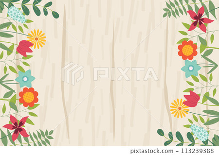 Hand sketched background, vector illustration. Borders with leaves and flowers for greeting card, invitation template in pastel colors on wooden texture background. Retro, poster, background. Hand sketched background, vector illustration. Borders with leaves and flowers for greeting card, invitation template in pastel colors on wooden texture background. Retro, poster, background. 113239388