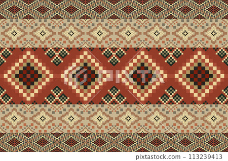 Navajo tribal vector seamless pattern. Native American ornament. Ethnic South Western decor style. Boho geometric ornament. Vector seamless pattern. Mexican blanket, rug. Woven carpet illustration. Navajo tribal vector seamless pattern. Native American ornament. Ethnic South Western decor style. Boho geometric ornament. Vector seamless pattern. Mexican blanket, rug. Woven carpet illustration. 113239413