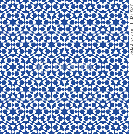 Seamless arabic geometric ornament in blue and white 113239587