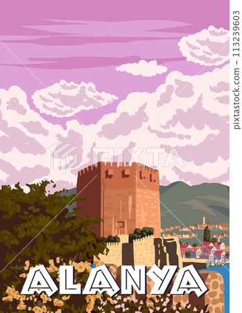Retro Poster Alanya landmark, Turkey resort, Kizil Kule Red Towert skyline. Vintage touristic travel postcard, placard, vector 113239603