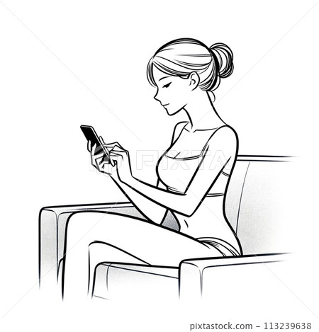 一名婦女在家中操作智慧型手機的線條畫插圖 一名婦女在家中操作智慧型手機的線條畫插圖 113239638