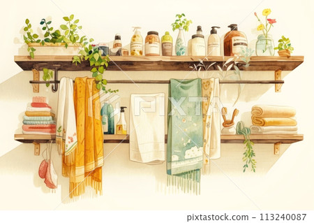 A cozy bathroom shelf illustration with plush towels 113240087