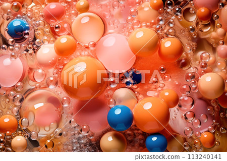 Abstract beautiful background with colorful glossy balls in a transparent gel with bubbles. Generated by AI. 113240141