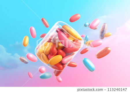 Colorful bright pills fly out of a glass jar. Generated by AI. Colorful bright pills fly out of a glass jar. Generated by AI. 113240147