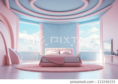 Futuristic stylish bedroom design in pastel pink and blue tones. Generated by AI. Futuristic stylish bedroom design in pastel pink and blue tones. Generated by AI. 113240153