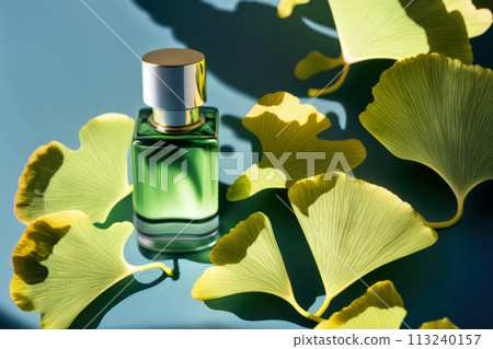 A beautiful glass bottle with herbal perfumes and ginkgo biloba leaves. Generated by AI. 113240157