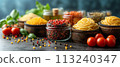 Food background with spaghetti recipe ingredient on blue texture background 113240347