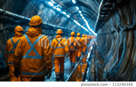 Workers in hard hats walk through a round tunnel. Workers in hard hats walk through a round tunnel. 113240348