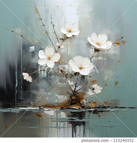 Oil and acrylic painting, abstract painting white flowers with textures. Oil and acrylic painting, abstract painting white flowers with textures. 113240352