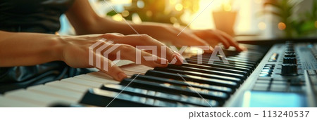 A woman is playing a piano with her hands A woman is playing a piano with her hands 113240537