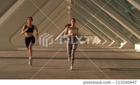 Two athletic women in sportswear is jogging around the city in early morning. Reaching the goal 113240647