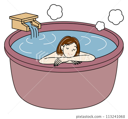 一個可愛的裸體女人在天然溫泉水的露天浴池中享受愉快沐浴的簡單插圖 一個可愛的裸體女人在天然溫泉水的露天浴池中享受愉快沐浴的簡單插圖 113241068