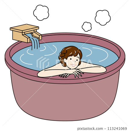 Simple illustration of a cute naked woman taking a pleasant bath in an open-air bath with natural hot spring water Simple illustration of a cute naked woman taking a pleasant bath in an open-air bath with natural hot spring water 113241069