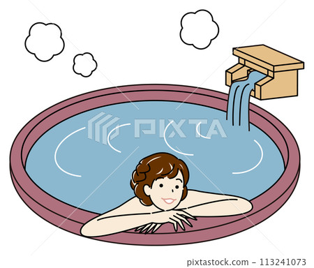 Simple illustration of a cute naked woman taking a pleasant bath in an open-air bath with natural hot spring water 113241073