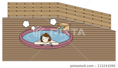 A cute naked woman taking a pleasant bath in a ceramic bath with free-flowing hot springs in a guest room with an open-air bath.Simple 113241099