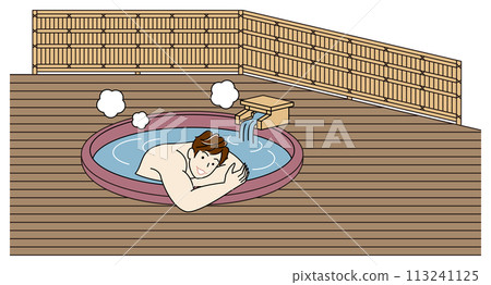 A cute naked man taking a pleasant bath in a ceramic bath with free-flowing hot springs in a guest room with an open-air bath.Simple 113241125