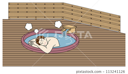 A cute naked man taking a pleasant bath in a ceramic bath with free-flowing hot springs in a guest room with an open-air bath.Simple 113241126