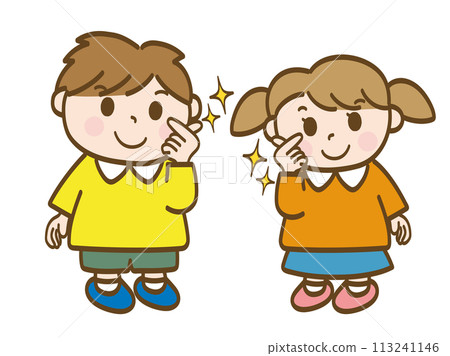 Full-body illustration of a boy and girl doing the "Kyun desu" pose_Elementary school students_Toddlers 113241146