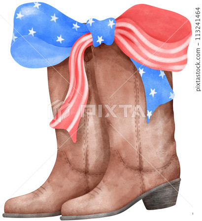 Coquette with Cowboy Boot and 4th of July Ribbon Bow, Patriotic Trendy Art 113241464