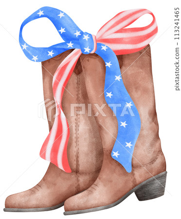 Coquette with Cowboy Boot and 4th of July Ribbon Bow, Patriotic Trendy Art 113241465