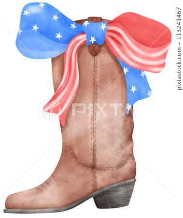 Coquette with Cowboy Boot and 4th of July Ribbon Bow, Patriotic Trendy Art Coquette with Cowboy Boot and 4th of July Ribbon Bow, Patriotic Trendy Art 113241467