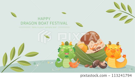 Chinese Dragon Boat Festival poster or greeting card, cute dragon mascot or character, traditional food rice dumplings, delicious fillings and sauces, vector illustration 113241794