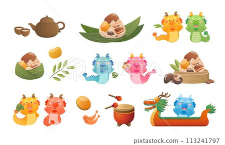 Set of Dragon Boat Festival elements, glutinous rice dumplings and dragon mascot, teapot and dragon boat with bamboo leaves and drum and steamer, vector illustration 113241797