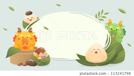 Poster or greeting card for Chinese Dragon Boat Festival, cute dragon mascot or character, traditional food rice dumplings and steamer, vector illustration 113241798
