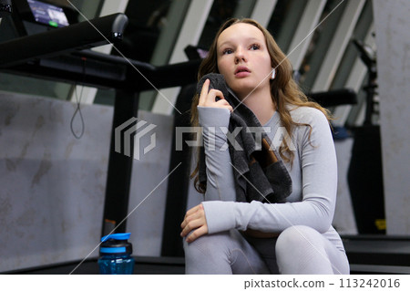 photo set protein. process of coming to gym from toilet locker room to exercise equipment. Woman exercise workout in gym fitness training sport with dumbbell bodybuilding, Athlete builder muscles 113242016