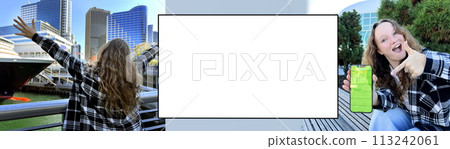 Girl teenager shows on the phone with a green screen Ready made banner for the use of travel lottery winning advertising Girl raising her hands look at the cruise liner and Canada Place 113242061