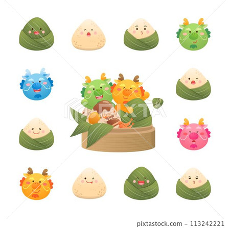 Zongzi and dragon mascot or character portrait with expression, playful and cute, vector illustration, set of elements for Dragon Boat Festival Zongzi and dragon mascot or character portrait with expression, playful and cute, vector illustration, set of elements for Dragon Boat Festival 113242221
