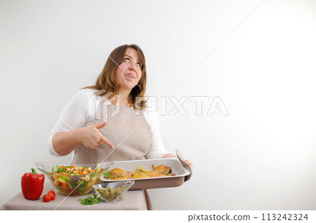 funny facial expression at cook puffy woman rolled eyes stuck tongue out and licks lips with pleasure text for advertising cooking show blogger fresh vegetables glassware recipes banner 113242324