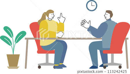 Illustration of a man and woman talking across the desk in an office 113242425