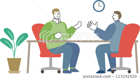辦公室裡兩個男人隔著桌子交談的插圖 辦公室裡兩個男人隔著桌子交談的插圖 113242429