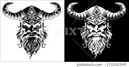 Viking Warrior Man Strong Mascot Face in Helmet 113242549