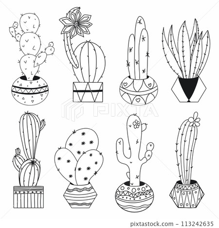 Set of cactus in pots in the doodle style, painted by hand. The coloring page. Set of cactus in pots in the doodle style, painted by hand. The coloring page. 113242635