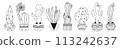 Set of cactus in pots in the doodle style, painted by hand. The coloring page.  113242637