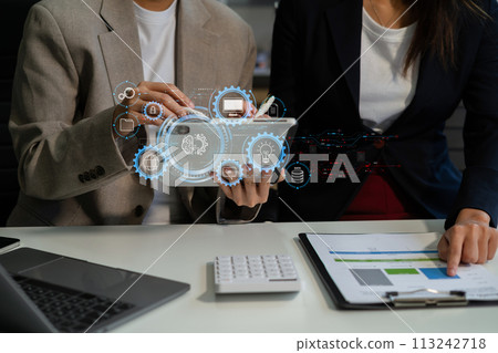Business team present. professional investor working new start up project. tablet laptop computer with digital marketing media in the office. 113242718