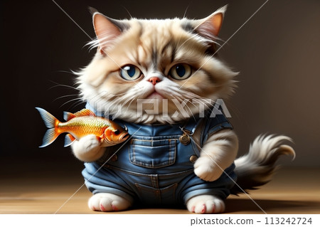 A fat cat with a big fish in its paws. 113242724