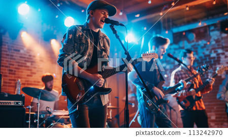 Young Boy Band Performing on Stage Young Boy Band Performing on Stage 113242970