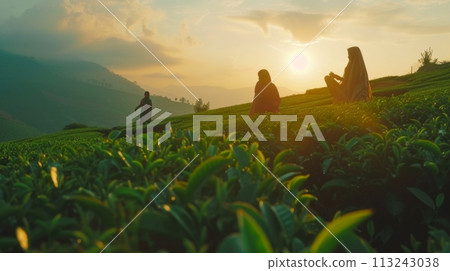 Indian women picking tea leaves in tea garden. 113243038