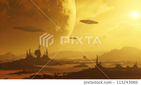 UFOs Descending on a Misty Field at Dawn UFOs Descending on a Misty Field at Dawn 113243060