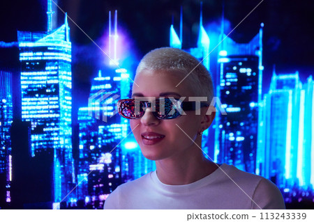 Woman with reflective sunglasses, city skyline lights, fireworks reflected in glasses. Holiday time in the city 113243339