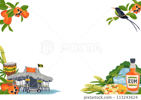 Horizontal frame with landmarks of Jamaica. Traditional food, hummingbird, beach bar, national fruit ackee, Rastafarianism, waterfall, rum. Vector for the design of travel brochures, tourist maps. 113243624