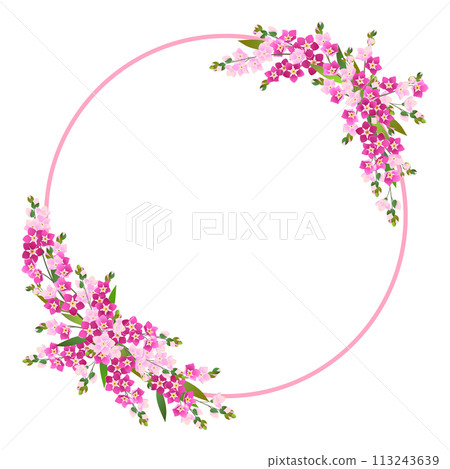Vector round frame with pink forget-me-nots. Delicate spring flowers and a white background. Template for wedding invitation or congratulations on Mother's Day. 113243639