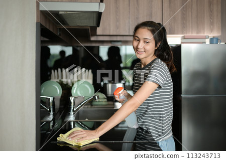 Young housewife wearing rubber gloves cleaning electric stove with spray bottle and microfiber cloth 113243713