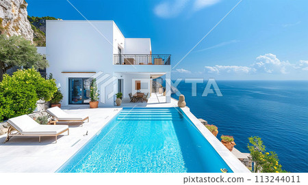 Mediterranean villa with private swimming pool - Stock Illustration ...