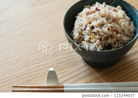 Five-grain brown rice served in a rice bowl Five-grain brown rice served in a rice bowl 113244037