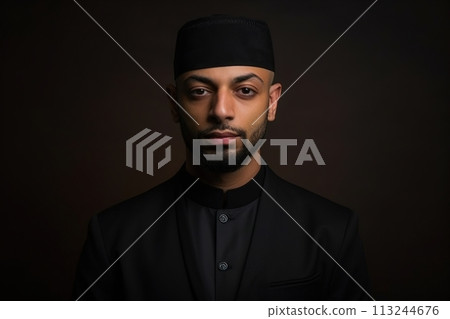 A man wearing a black suit and a black hat A man wearing a black suit and a black hat 113244676